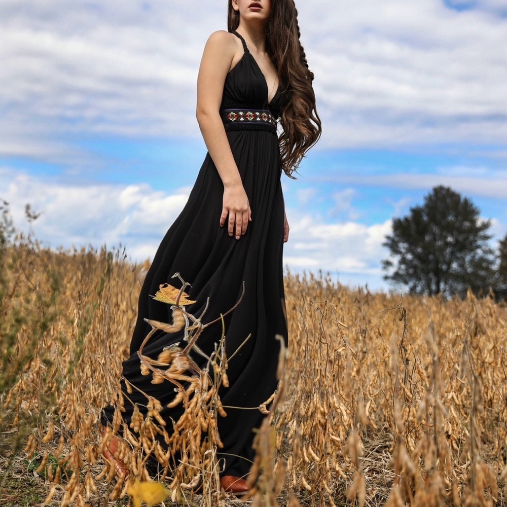 Sky Black Maxi Dress with Embroidered Waistband